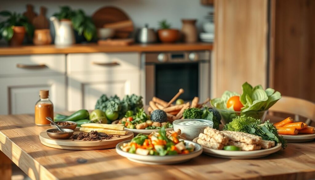 A beautifully arranged collection of global meal prep ideas, meticulously styled on a rustic wooden table in a cozy, minimal kitchen. Vibrant ingredients like aromatic spices, colorful vegetables, and diverse proteins are neatly organized, conveying a sense of culinary exploration. Gentle natural lighting casts a warm, inviting glow, accentuating the textures and hues. The image evokes a mood of intentional, aesthetically-pleasing nourishment, inspiring the viewer to elevate their lunch game with international flavors.