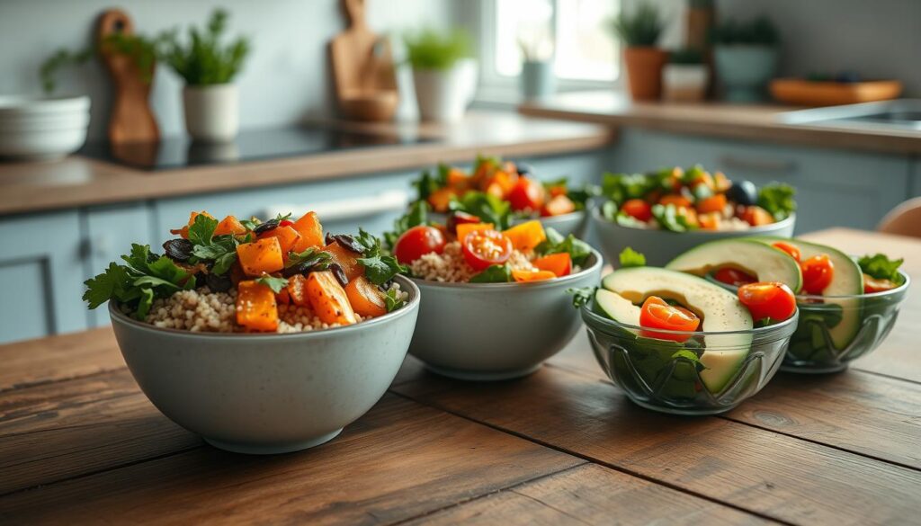 A beautifully arranged display of vibrant vegetarian meal prep bowls takes center stage on a rustic wooden table. The bowls brim with an array of fresh, colorful ingredients - quinoa, roasted sweet potatoes, crisp greens, vibrant cherry tomatoes, and creamy avocado slices. Delicate herbs and a drizzle of flavorful dressing add the finishing touches, creating a visually appealing and nourishing spread. Soft, natural lighting filters in through a nearby window, casting a warm glow over the scene. The minimal, light blue accented kitchen provides a clean, uncluttered backdrop, allowing the vibrant vegetarian meal prep to truly shine.