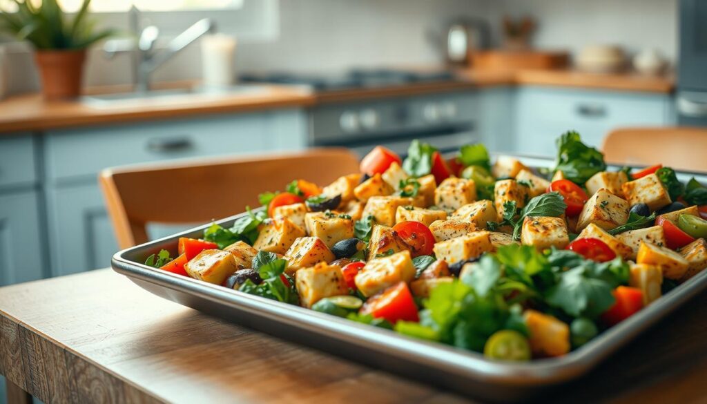 A beautifully arranged gluten-free vegan sheet pan meal with an array of vibrant vegetables, marinated tofu, and fragrant herbs, all roasted to perfection under warm, soft lighting. The pan sits atop a simple wooden table, with a light blue-accented kitchen in the background, creating a cozy, minimalist atmosphere. The composition emphasizes the harmony of the ingredients and the ease of customizing such a balanced, one-pan meal to suit dietary needs.