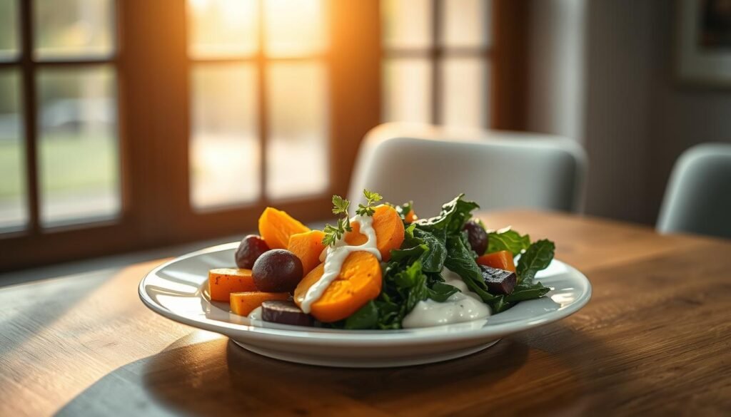 A beautifully arranged plate sits atop a wooden table, the light from a large window casting a warm glow across the scene. The dish features an artful arrangement of vibrant vegetables, strategically placed to create a visually striking composition. Slices of roasted root vegetables in hues of orange and purple are meticulously arranged, their colors contrasting with the deep green of sautéed greens. A drizzle of creamy sauce adds a touch of elegance, while a sprinkle of fresh herbs provides a final flourish, elevating the simple ingredients into a visually captivating meal. The overall atmosphere is one of calm, thoughtful presentation, perfect for inspiring office workers to approach their own meal prep with an eye for beauty and creativity.