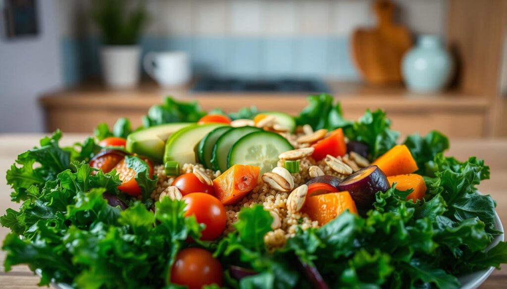 A beautifully arranged salad made with a variety of vibrant, nutrient-dense ingredients. In the foreground, crisp leafy greens like kale and spinach are accompanied by sliced avocado, cherry tomatoes, and crunchy cucumbers. The middle ground features roasted sweet potatoes, quinoa, and a sprinkle of toasted almonds. The background showcases a minimal, cozy kitchen setting with wooden textures and light blue accents, creating a calming and inviting atmosphere. The lighting is soft and natural, highlighting the salad's vivid colors and textures. Captured from a high angle, the image conveys a sense of nourishment and wellness.