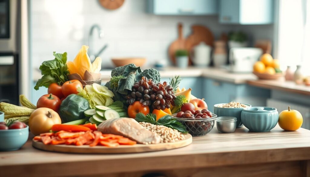 A beautifully arranged spread of healthy meal components on a wooden table in a cozy, minimalist kitchen with light blue accents. An assortment of fresh vegetables, lean protein, whole grains, and colorful fruits are artfully displayed, conveying a sense of balance and culinary harmony. Soft, natural lighting gently illuminates the scene, highlighting the vibrant hues and textures of the ingredients. The composition captures the essence of a well-planned, nutritious meal, serving as a visual guide for achieving a balanced, weight-management-friendly diet.