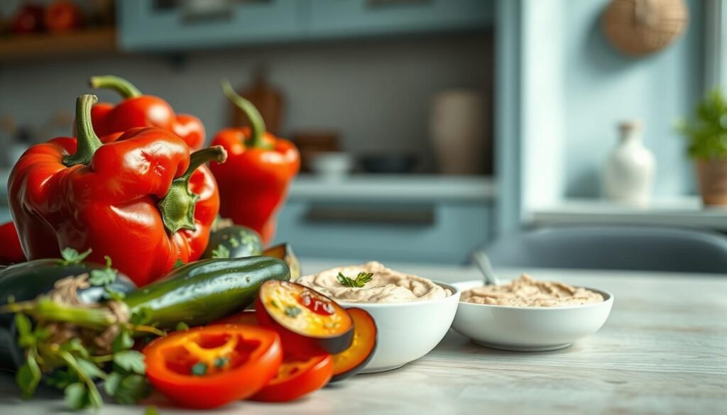 A beautifully arranged table featuring roasted red peppers, zucchini, and eggplant, glistening with olive oil and sprinkled with fresh herbs. The vibrant vegetables are presented against a backdrop of a cozy, minimal kitchen with light blue accents and warm wooden textures. Soft natural lighting casts a gentle glow, highlighting the rich colors and inviting the viewer to imagine dipping crisp, fresh vegetables into a creamy hummus spread.