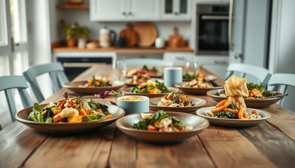 A beautifully arranged tableau of elevated dairy-free dinners, artfully presented on a rustic wooden table in a cozy, minimal kitchen. Vibrant plant-based dishes take center stage, their colors and textures a feast for the eyes. Delicate light blue accents complement the warm wooden tones, creating a harmonious, inviting atmosphere. The scene is captured from a low angle, highlighting the thoughtful plating and the care put into each component. The lighting is soft and natural, casting a gentle glow that enhances the appetizing nature of the dairy-free creations.
