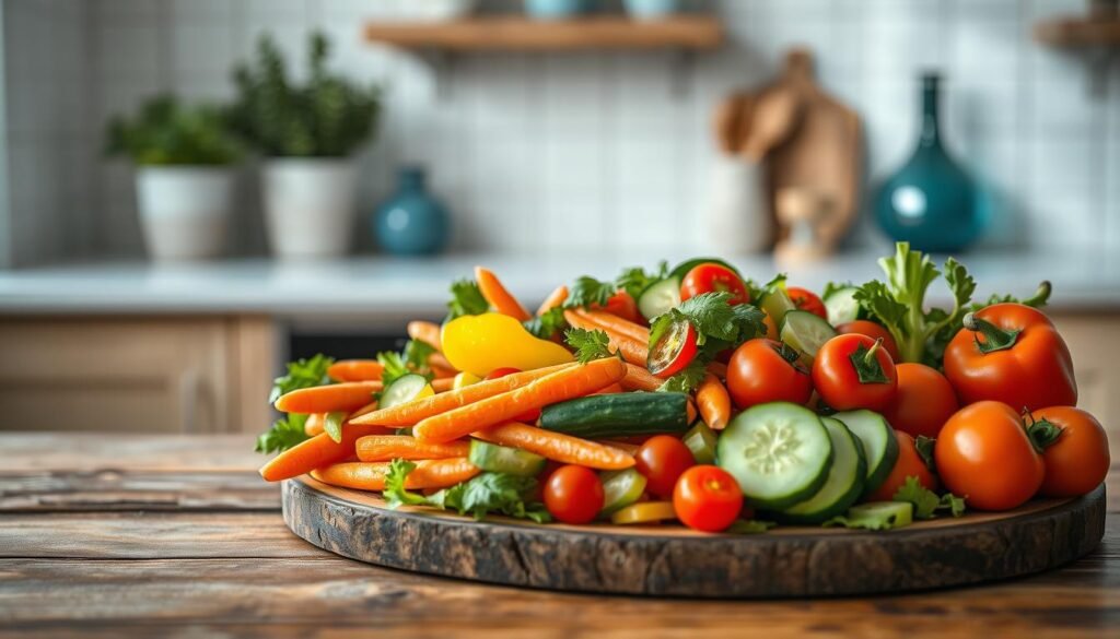 A beautifully arranged veggie platter on a rustic wooden surface, overflowing with a vibrant array of fresh produce - crisp carrots, juicy bell peppers, crunchy cucumber slices, and vibrant cherry tomatoes. The scene is bathed in soft, natural lighting that enhances the colors and textures of the vegetables. Minimal blue-accented decor in the background creates a cozy, inviting atmosphere in the serene kitchen setting. The platter is the centerpiece, showcasing the freshness and versatility of these nourishing ingredients, perfect for a satisfying and delightful cold lunch.