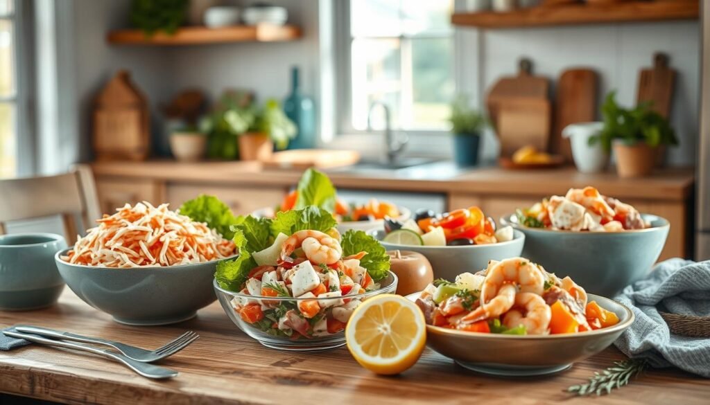 A beautifully composed still life featuring an assortment of fresh, vibrant seafood ingredients arranged on a wooden table in a cozy, sunlit kitchen. A variety of chilled seafood salads and bowls are the focal point, showcasing their vibrant colors and textures - tender shredded crab, plump poached shrimp, flaky tuna, crunchy vegetables, and a zesty lemon vinaigrette. The scene is bathed in soft, natural lighting, highlighting the delicate details and creating a serene, appetizing atmosphere. Minimal blue accents add a touch of coastal charm to the rustic, earthy setting, inviting the viewer to imagine crafting these innovative cold seafood dishes.