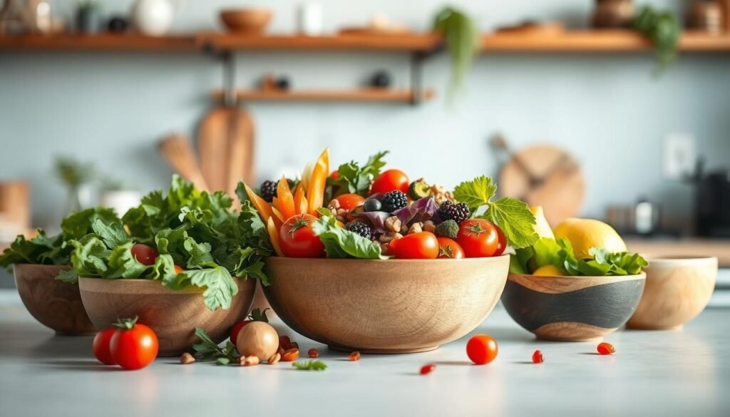 A beautifully composed still life featuring an assortment of vibrant, nutrient-dense salad ingredients and creative bowls in a cozy, minimalist kitchen with warm wooden accents and soft blue hues. Crisp greens, juicy tomatoes, crunchy vegetables, and colorful fruits are arranged artfully in a variety of unique ceramic and wooden bowls, casting gentle shadows under soft, natural lighting. The scene exudes a sense of simplicity, health, and culinary inspiration, perfectly capturing the essence of 