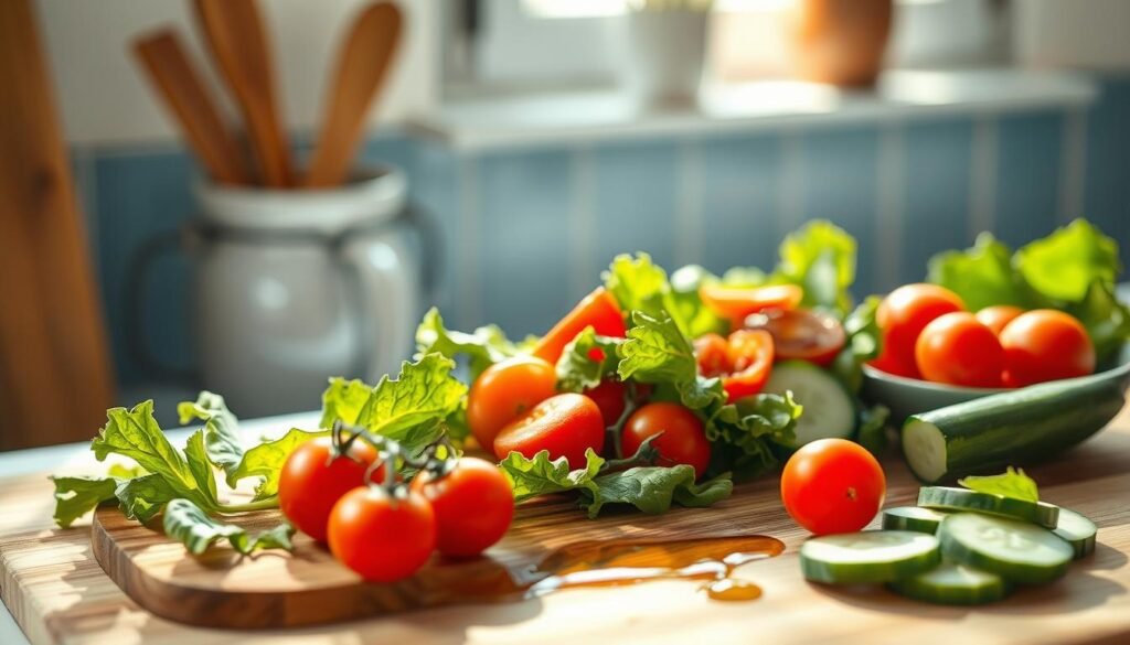 A beautifully composed still life showcasing a variety of wholesome salad ingredients. Crisp lettuce leaves, vibrant cherry tomatoes, crunchy cucumber slices, and a drizzle of olive oil on a wooden cutting board. Soft natural light filters in through a window, casting gentle shadows and highlighting the fresh, vibrant colors. The scene exudes a sense of simplicity and healthfulness, perfect for a quick, nourishing lunch option. The minimal kitchen setting, with touches of light blue, creates a calming, inviting atmosphere.