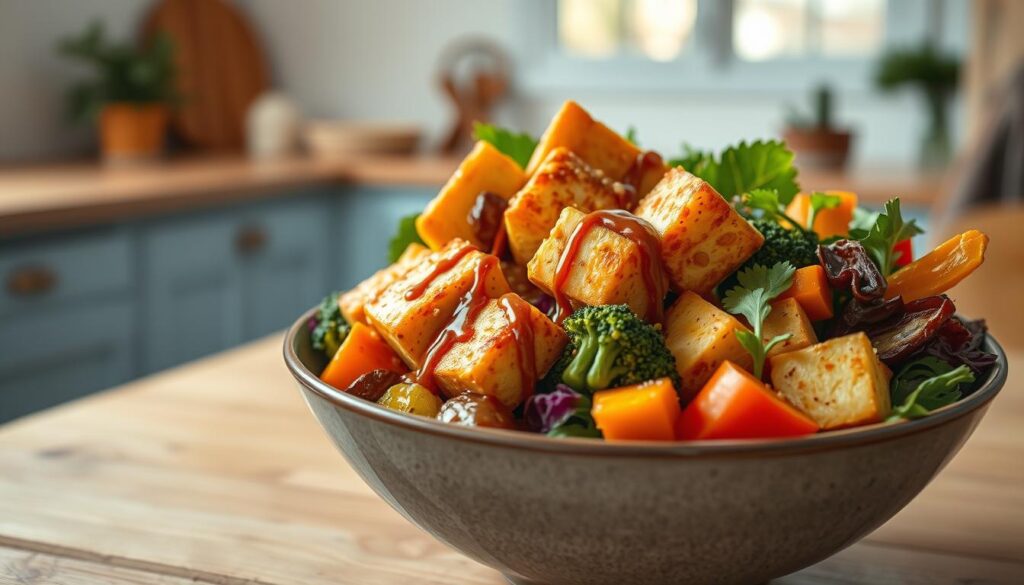A beautifully crafted Buddha bowl filled with crispy golden-brown tofu, drizzled with a rich, nutty sesame sauce, and surrounded by a vibrant array of colorful vegetables. The bowl is placed on a wooden table in a cozy, minimalist kitchen with light blue accents, creating a calming and inviting atmosphere. The tofu has a perfectly crisp exterior, while the interior is soft and creamy. The vegetables, such as steamed broccoli, roasted sweet potatoes, and fresh greens, add a nutritious and visually appealing contrast. The sesame sauce glistens, promising a delightful blend of savory, sweet, and nutty flavors. The scene is captured through a wide-angle lens, highlighting the balanced composition and the attention to detail in this wholesome, office-friendly meal.