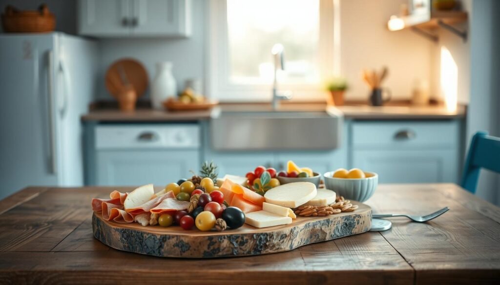 A beautifully curated charcuterie board takes center stage on a rustic wooden table, bathed in the soft, warm glow of natural lighting. Delicate slices of cured meats, creamy cheeses, and an assortment of seasonal fruits, nuts, and olives are artfully arranged, inviting the viewer to indulge. The minimalist kitchen, adorned with light blue accents, provides a serene backdrop, allowing the vibrant colors and textures of the customized lunch to shine. The overall scene exudes a sense of effortless sophistication, inspiring the viewer to explore new ways of elevating their midday meal.