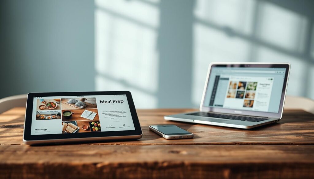 A beautifully curated collection of digital meal prep tools arranged on a rustic wooden surface. In the foreground, a sleek tablet displays a digital presentation with crisp graphics, while a smartphone nearby showcases a meal planning app. In the middle ground, a minimalist laptop stands ready to coordinate recipes and shopping lists. The background features a light blue accent wall, casting a soothing glow and highlighting the natural textures of the space. Soft, diffused lighting creates a warm, inviting atmosphere, perfect for planning an aesthetically pleasing dinner.