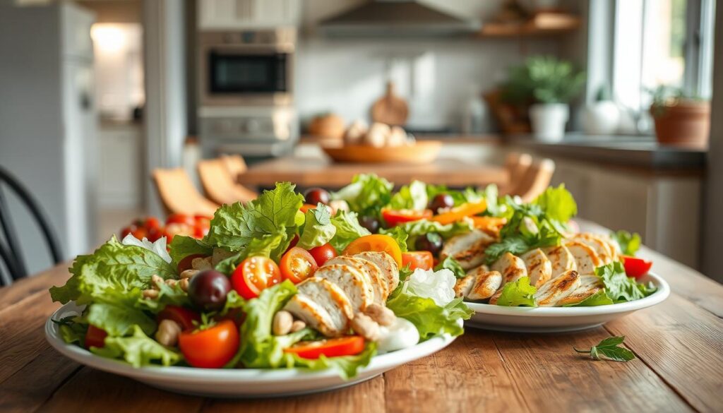 A beautifully curated spread of fresh salad inspirations, artfully arranged on a wooden table in a cozy, minimal kitchen. Crunchy veggies like crisp romaine, juicy tomatoes, and vibrant bell peppers take center stage, complemented by tender slices of grilled chicken. Sprigs of fragrant herbs, toasted nuts, and a drizzle of creamy dressing add layers of flavor and texture. Soft natural light filters through the windows, casting a warm, inviting glow over the scene. The overall mood is one of healthful nourishment and culinary delight.