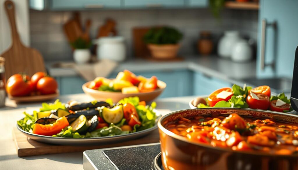 A beautifully lit kitchen scene featuring an array of vibrant, vegetable-rich dishes. In the foreground, a hearty vegetable stew simmers on the stove, its rich, tomato-based broth accentuated by the warm, golden light. In the middle ground, a platter of roasted vegetables - zucchini, eggplant, and bell peppers - drizzled with a balsamic glaze, their charred edges catching the light. On the counter, a salad of crisp greens, juicy tomatoes, and shaved parmesan, the dressing glistening. The scene is framed by a clean, minimal kitchen, with light blue accents and natural wooden textures, creating a cozy, inviting atmosphere.