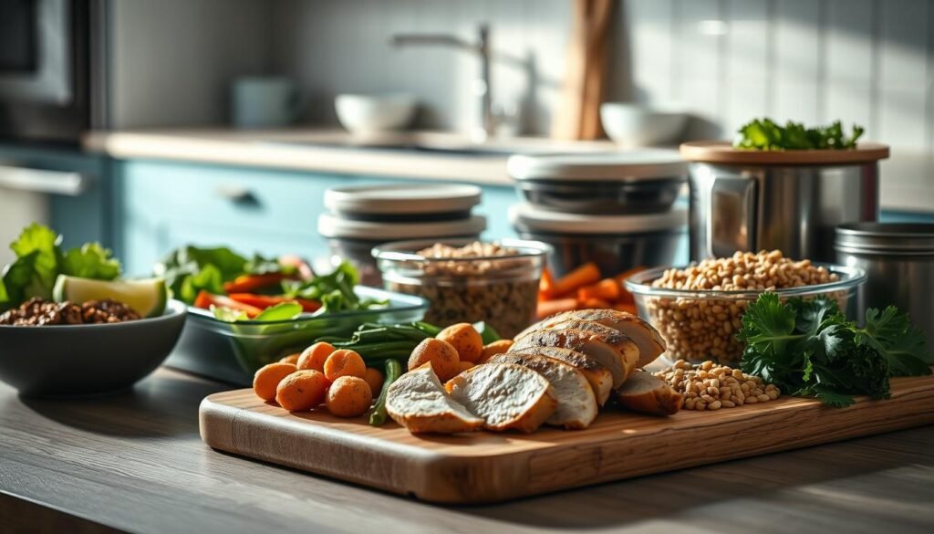A beautifully lit kitchen scene featuring an assortment of textured meal prep dishes. In the foreground, a wooden cutting board showcases various ingredients - tender chicken, crisp vegetables, and hearty grains. The middle ground displays neatly arranged containers with differing surface textures, from matte ceramic to polished stainless steel. In the background, a clean, minimalist countertop with light blue accents provides a calming backdrop. Soft, natural lighting filters in, casting gentle shadows and highlighting the tactile, artisanal quality of the prepared meals. An inviting, serene atmosphere that celebrates the nuanced role of texture in elevated office-friendly cuisine.