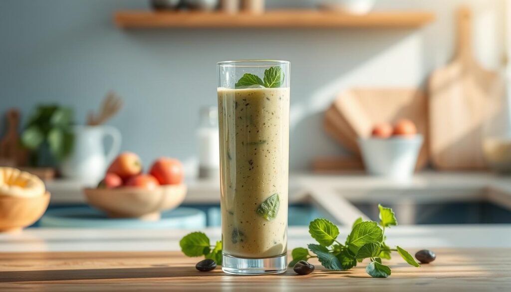 A beautifully lit, minimal kitchen counter showcases a vibrant low-sugar smoothie, its contents visible through a tall glass. The smoothie is made with a blend of fresh fruits, leafy greens, and a touch of honey, creating a rich, creamy texture. The scene is accented by wooden textures and light blue hues, conveying a sense of natural, wholesome goodness. The focus is on the smoothie itself, allowing its nutritional value and visual appeal to take center stage, inspiring healthy breakfast choices.