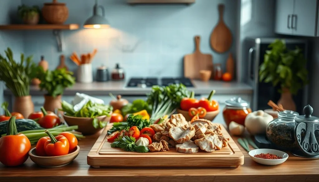 A beautifully lit, minimalist kitchen filled with an array of Asian ingredients, including fresh vegetables, marinated meats, and aromatic spices. In the center, a wooden cutting board showcases an assortment of prepped ingredients, ready for a delicious meal. Soft, warm lighting bathes the scene, casting a comforting glow on the kitchen's light blue accents and natural textures. The mood is one of calm, efficiency, and a celebration of the diverse flavors of Asian cuisine.