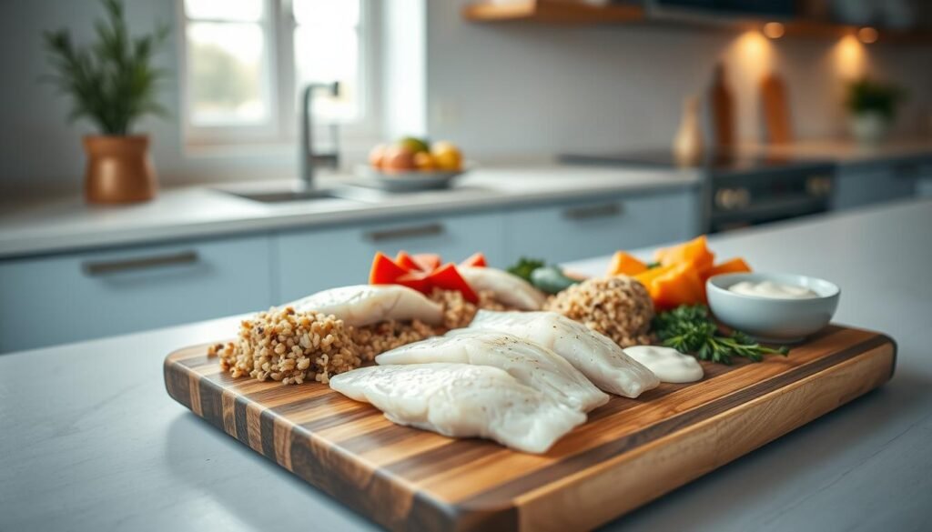 A beautifully lit, minimalist kitchen scene showcasing a fresh, aromatic fish meal prep. In the foreground, a wooden cutting board displays a variety of vibrant, flaky white fish fillets, accompanied by neatly arranged portions of quinoa, roasted vegetables, and a light, creamy dressing. The middle ground features a sleek, modern kitchen counter with light blue accents, complemented by a few simple kitchen utensils. The background subtly hints at the cozy, inviting atmosphere with warm, indirect lighting and a clean, uncluttered space. The overall composition exudes a sense of health, balance, and the simple pleasure of a well-prepared, nutritious fish-based meal.