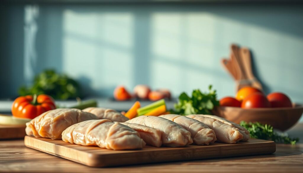 A beautifully lit, minimalist kitchen scene showcasing the benefits of chicken meal prep. In the foreground, an array of fresh, succulent chicken breasts, neatly arranged on a wooden cutting board. The middle ground features various vibrant vegetables, expertly chopped, ready to be added to the meal. In the background, a sleek, light blue accent wall provides a calming backdrop, complemented by the warm, natural tones of the wooden textures. The overall mood is one of efficiency, organization, and the promise of a delicious, healthy dinner. Subtle shadows and soft, directional lighting create depth and a sense of coziness, inviting the viewer to imagine the satisfying benefits of meal prepping with this versatile protein.