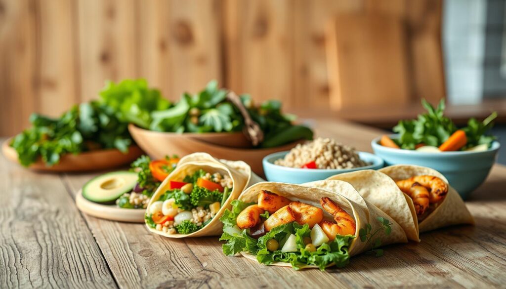 A beautifully lit, minimalist kitchen scene with a rustic wooden table showcasing an assortment of keto-friendly meal options. In the foreground, an array of fresh vegetables, sliced avocado, and grilled chicken or shrimp are arranged in vibrant wraps and bowls. The middle ground features a mix of leafy greens, quinoa, and other nutrient-dense ingredients, all complemented by a light blue ceramic dish. The background is softly illuminated, highlighting the warm wooden textures and creating a calming, inviting atmosphere perfect for a healthy, low-carb lunch.