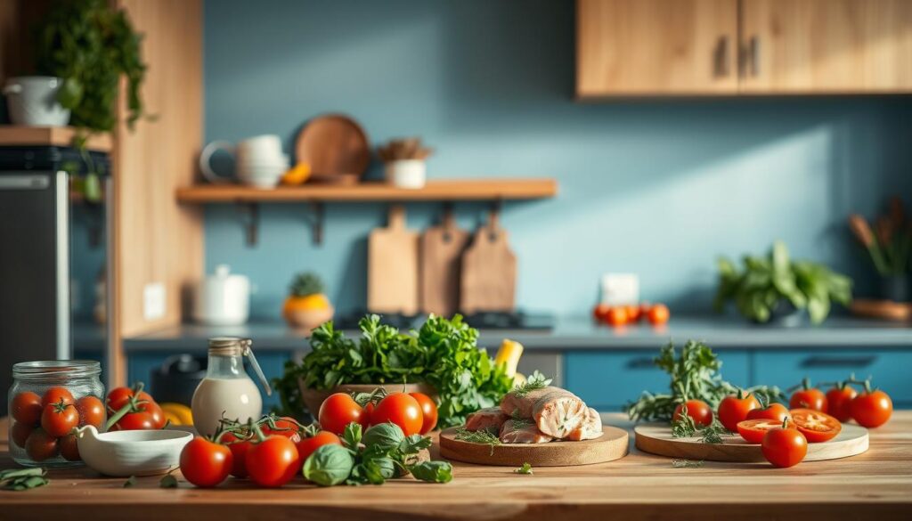 A beautifully lit, minimalist kitchen with warm wooden tones and soft blue accents. On the counter, an array of fresh, vibrant ingredients - juicy tomatoes, crisp greens, succulent proteins, and fragrant herbs. In the foreground, a chef's hands skillfully prepare a delectable meal, their movements fluid and graceful. The scene exudes a sense of effortless creativity, inviting the viewer to imagine the delicious and nourishing dishes that could emerge from this well-stocked culinary haven.