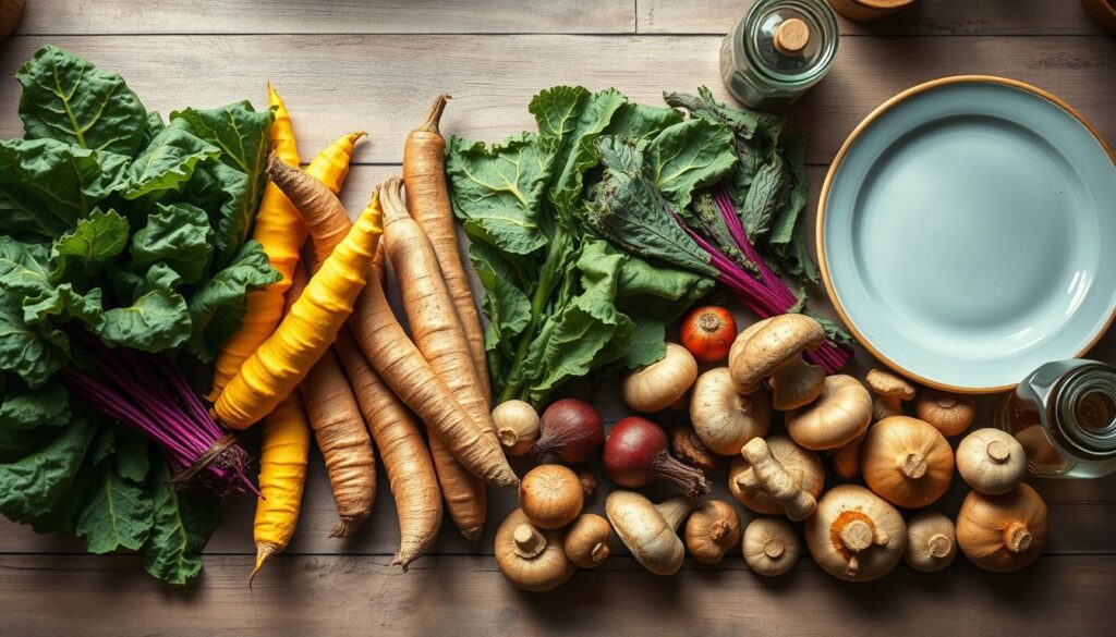 A beautifully lit, overhead shot of a rustic kitchen counter showcasing an assortment of nutrient-dense ingredients. A vibrant array of fresh produce, including deep green leafy kale, bright yellow turmeric root, crimson beets, and earthy mushrooms, arranged with artful precision. Accents of wooden bowls, glass jars, and a light blue ceramic plate add warmth and texture to the scene. The soft, diffused lighting casts gentle shadows, highlighting the natural beauty and colors of these wholesome, anti-inflammatory ingredients, perfect for a nourishing meal prep.