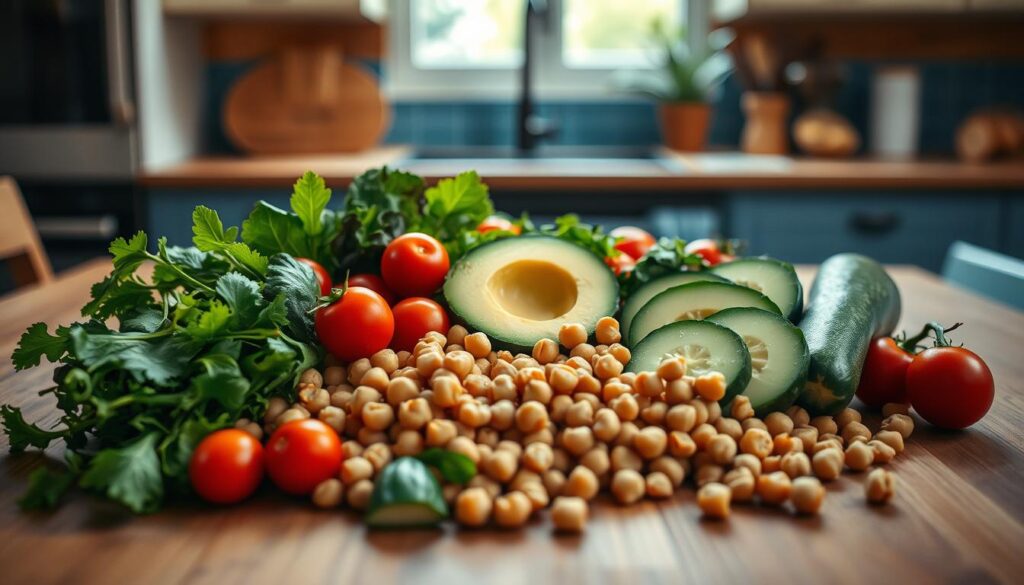A beautifully lit overhead shot of a wooden kitchen table, with an assortment of fresh plant-based salad ingredients arranged artfully in the foreground. Crisp leafy greens, vibrant cherry tomatoes, creamy avocado slices, crunchy cucumbers, and hearty chickpeas are placed against a backdrop of warm wooden textures and soft blue accents. The lighting is soft and diffused, creating a cozy, inviting atmosphere. The camera angle is angled down slightly, emphasizing the various colors, textures, and shapes of the ingredients, beckoning the viewer to envision a nourishing, flavorful chickpea salad.
