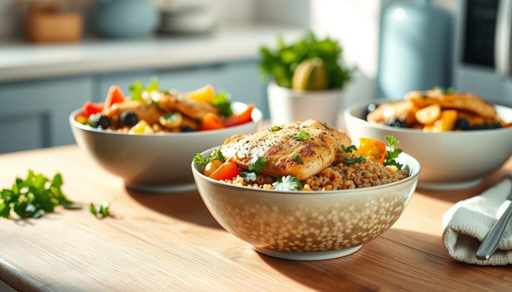 A beautifully lit scene of quinoa bowls filled with vibrant roasted vegetables, tender chicken breasts, and garnished with fresh herbs. The bowls are arranged on a wooden table, with a simple, minimal backdrop of light blue kitchen accents. Soft natural lighting casts a warm, inviting glow over the scene, highlighting the textures and colors of the healthy, nourishing meal. The composition is clean and visually appealing, capturing the essence of a well-balanced, wholesome dinner.