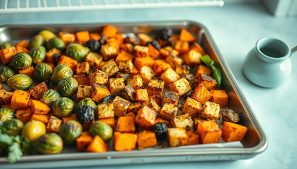 A beautifully lit sheet pan filled with an assortment of vibrant, plant-based ingredients. Roasted Brussels sprouts, sweet potato cubes, and marinated tofu pieces arranged in a visually appealing composition. Warm, earthy tones of the vegetables complemented by the light blue accents of the kitchen counter and minimal decor. The scene conveys a sense of simplicity, health, and culinary creativity, perfect for a plant-based sheet pan dinner recipe.