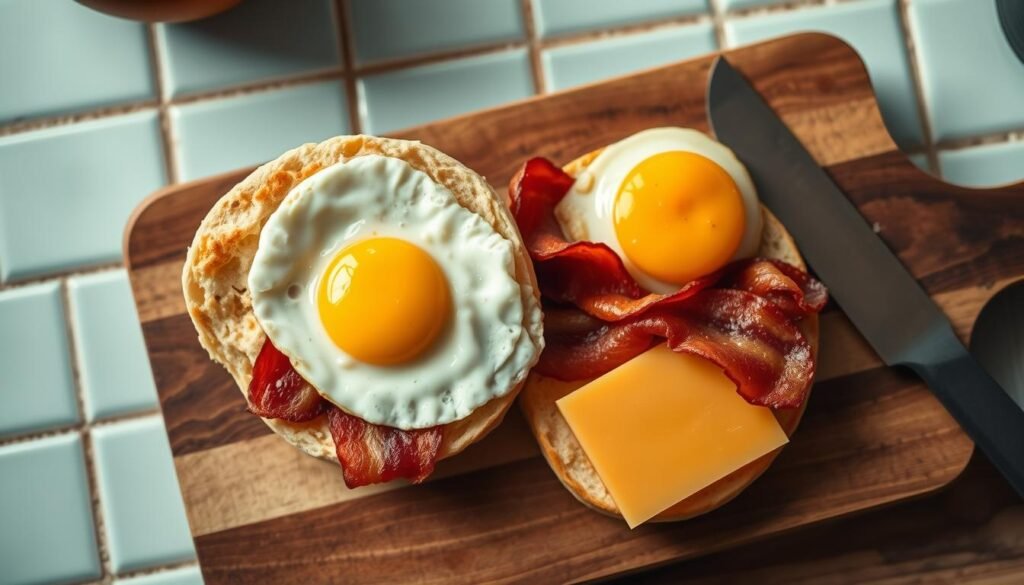 A beautifully lit, top-down still life of the key ingredients for a classic breakfast sandwich: two freshly baked, golden brown English muffin halves, a perfectly cooked fried egg with a runny yolk, crispy bacon slices, and a melty slice of cheddar cheese, all arranged on a rustic wooden cutting board against a backdrop of light blue kitchen tiles and warm, natural wood tones.