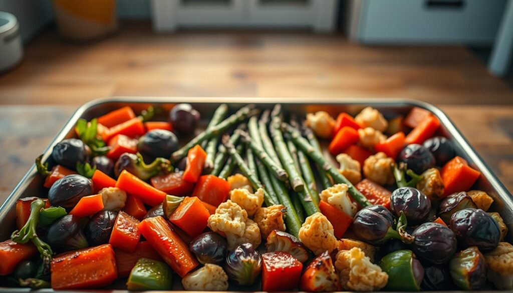 A beautifully lit, top-down view of a sheet pan filled with an assortment of nutrient-rich roasted vegetables. In the foreground, vibrant hues of red bell peppers, carrots, and purple-tinted Brussels sprouts sizzle under the warm glow of the oven. In the middle ground, tender asparagus spears and golden-brown cauliflower florets nestle together, their textures complementing each other. The background is a cozy, minimal kitchen setting with warm wooden tones and light blue accents, creating a serene and inviting atmosphere. The vegetables are perfectly caramelized, emanating an earthy aroma and a visually appealing display of nature's vibrant palette.