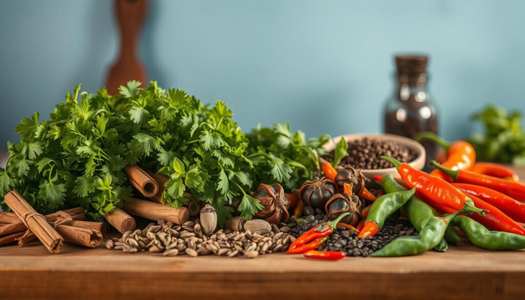 A beautifully lit, wooden kitchen counter filled with an array of vibrant Middle Eastern herbs and spices. Lush green sprigs of cilantro, parsley, and mint sit alongside fragrant cinnamon sticks, cardamom pods, cumin seeds, and a rainbow of dried chili peppers. The soft, warm lighting casts a cozy glow over the scene, highlighting the earthy textures and rich colors of the ingredients. In the background, a simple, light blue wall provides a clean, minimalist backdrop, allowing the flavorful spread to take center stage. This image evokes the welcoming aromas and flavors of authentic Middle Eastern cuisine, ready to transport the viewer to a world of culinary exploration.