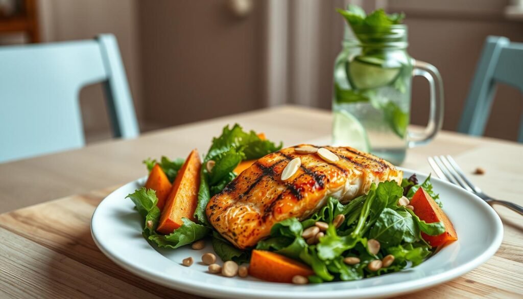 A beautifully plated, balanced meal with vibrant colors and clean lines. In the foreground, a grilled salmon fillet sits atop a bed of fresh, leafy greens, complemented by roasted sweet potato wedges and a sprinkle of toasted almonds. In the middle ground, a glass mason jar filled with a refreshing cucumber and mint infused water adds a touch of hydration. The background features a simple, wooden dining table with light blue accents, creating a cozy, minimalist atmosphere. Soft, natural lighting from an unseen window casts a warm glow over the scene, highlighting the high-protein, low-carb components of this health-conscious meal.