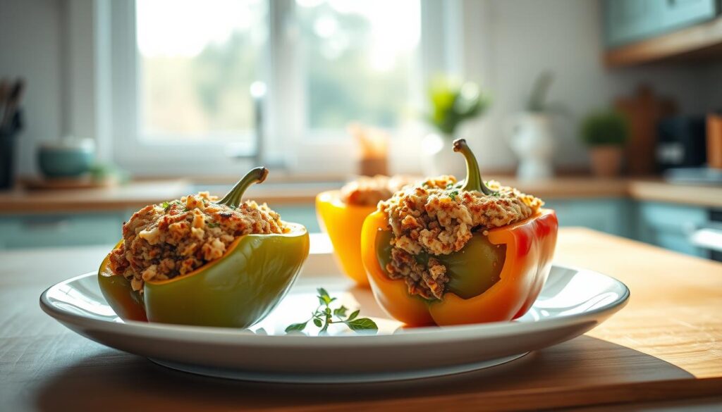 A beautifully plated keto stuffed bell peppers dish, the vibrant colors and enticing aroma filling a cozy, minimalist kitchen. Halved peppers stuffed with a savory mixture of ground meat, cheese, and aromatic herbs, topped with a golden-brown crust. Soft natural lighting from a large window casts a warm glow, highlighting the clean lines of the wooden countertops and light blue accents. The scene evokes a sense of simplicity and healthy indulgence, perfect for a satisfying keto-friendly lunch.