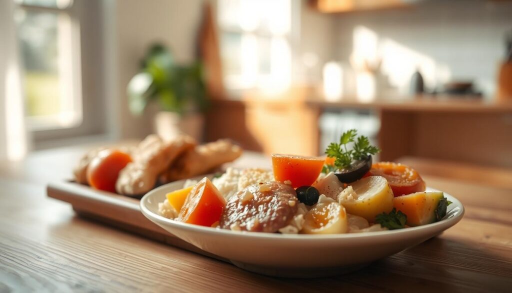 A beautifully presented dish sits on a wooden table, the vibrant colors and crisp textures belying its recent reheating. Soft, natural lighting filters in through a nearby window, casting a warm glow over the scene. The meal's fresh, homemade quality is evident, with each element carefully arranged to showcase its individual character. A sense of effortless refinement pervades the image, suggesting a kitchen where meticulous preparation and thoughtful reheating techniques are the norm. This is a reheated meal that has retained its quality, a testament to the care and attention lavished upon it.