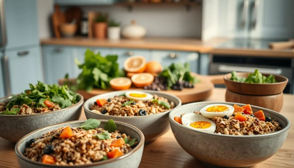 A beautifully styled arrangement of hearty grain bowls with a variety of nutrient-dense ingredients, bathed in warm, natural lighting that casts a soft, inviting glow. In the foreground, bowls brimming with quinoa, wild rice, and farro are topped with roasted vegetables, avocado, hard-boiled eggs, and a scattering of toasted nuts and seeds. The middle ground features a wooden board overflowing with leafy greens, fresh herbs, and vibrant citrus slices. In the background, a simple, minimalist kitchen with light blue accents and natural wood tones creates a calm, cozy atmosphere, drawing the viewer's focus to the nourishing, protein-packed meal prep options.