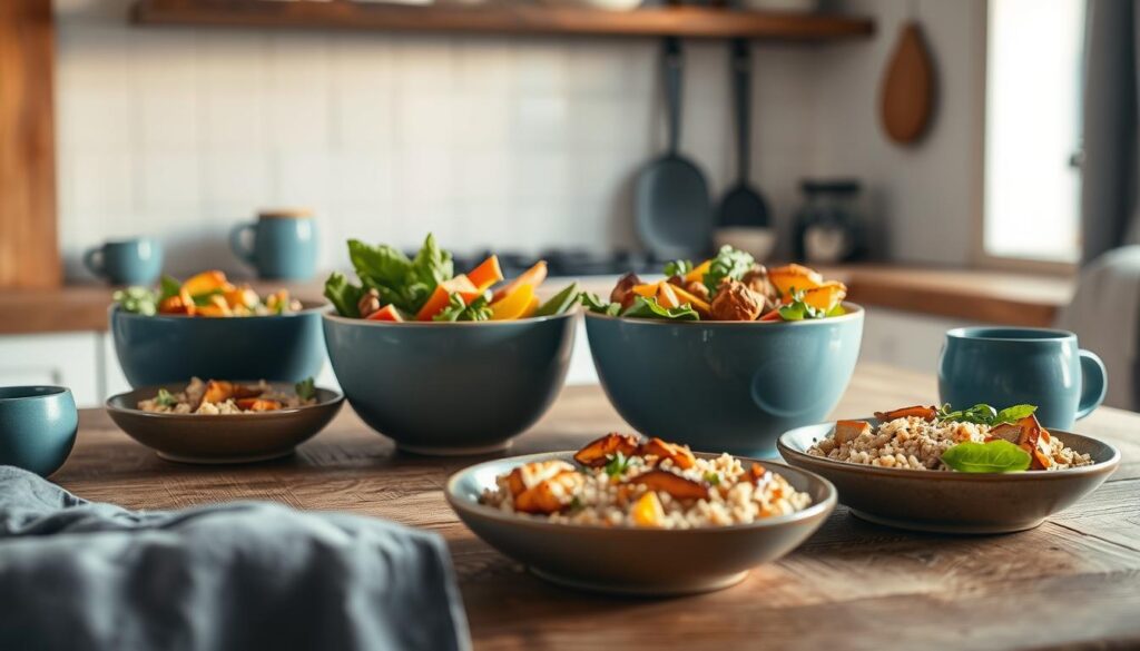 A beautifully styled arrangement of meal prep bowls sits atop a rustic wooden table in a cozy, minimalist kitchen. The bowls are filled with vibrant, freshly-prepared ingredients like roasted vegetables, grilled chicken, and quinoa, arranged in a visually appealing manner. Soft, natural lighting casts a warm glow across the scene, highlighting the textures of the wooden surfaces and the muted blue accents that complement the overall color palette. The focus is on the simplicity and organization of the meal prep, conveying a sense of ease and efficiency in the kitchen.