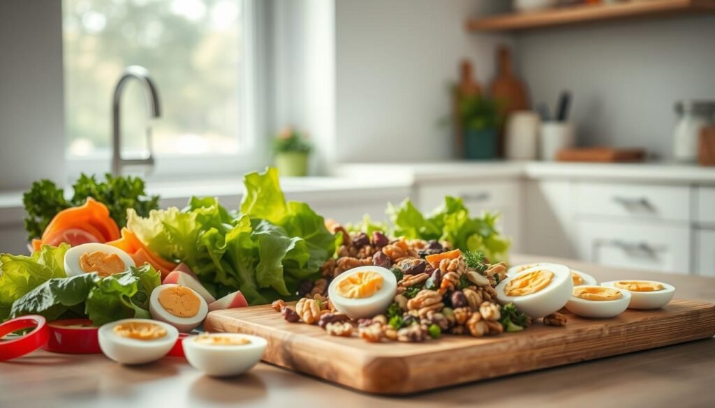 A beautifully styled, minimalist kitchen scene showcasing an array of creative Paleo-friendly cold lunch items. In the foreground, a selection of freshly prepared ingredients - sliced vegetables, hard-boiled eggs, and delicate leaves of crisp lettuce. In the middle ground, a wooden cutting board displays a vibrant array of colorful, nutrient-dense toppings and garnishes - roasted nuts, dried berries, and fragrant herbs. The background features soft, natural lighting filtering through a window, casting a warm glow over the scene and highlighting the clean, uncluttered countertops and shelves. The overall mood is one of simplicity, health, and culinary inspiration.