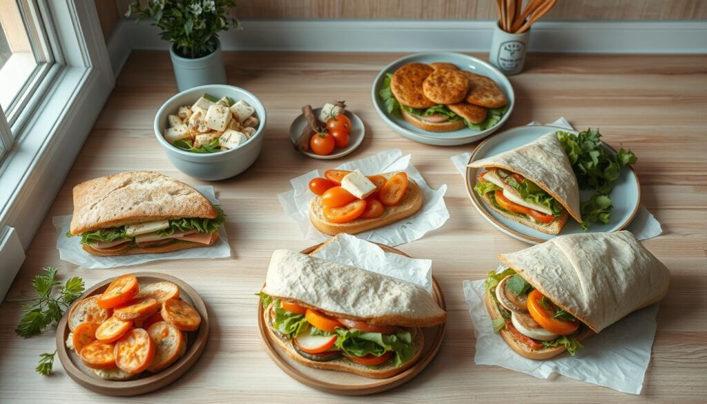 A beautifully styled overhead shot of an artfully arranged assortment of creative, innovative sandwich and wrap recipes in a cozy, minimal kitchen with wooden textures and light blue accents. The compositions feature fresh, seasonal ingredients like crisp vegetables, tangy cheeses, and artisanal breads, all expertly combined in visually striking and appetizing ways. Soft, natural lighting casts a warm, inviting glow, highlighting the textures and colors of the ingredients. The images convey a sense of culinary creativity, joy, and a celebration of fresh, nourishing foods.