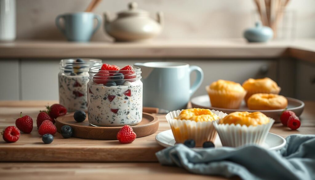 A beautifully styled still life showcasing an array of overnight oats and egg muffins, artfully arranged on a wooden kitchen counter. The oats, topped with fresh berries and a drizzle of honey, sit alongside fluffy egg muffins baked to golden perfection. The neutral tones of the wood and light blue accents create a calming, minimalist atmosphere, drawing the viewer's attention to the delectable breakfast offerings. Soft, diffused lighting casts a gentle glow, accentuating the textures and colors of the scene. The composition is balanced and visually appealing, inviting the viewer to imagine starting their day with this nourishing and satisfying meal.