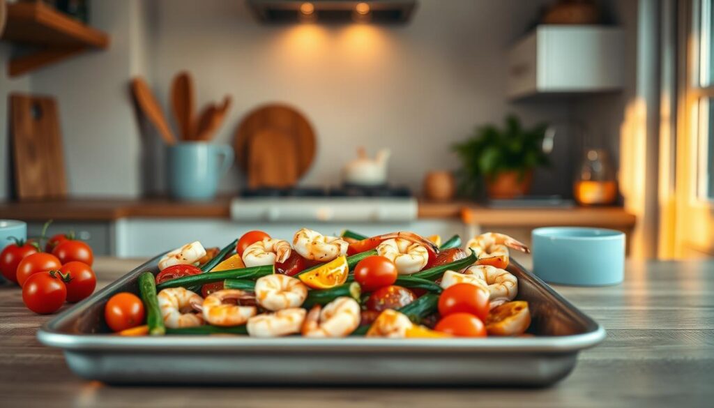 A bountiful Mediterranean sheet pan meal takes center stage in a cozy, minimal kitchen. Vibrant cherry tomatoes, zucchini spears, and succulent shrimp sizzle under warm, golden lighting, their colors and textures accentuated by the wooden surfaces and light blue accents that surround them. The scene exudes a sense of rustic elegance, inviting the viewer to savor the fresh, wholesome flavors of this delightful culinary experience.