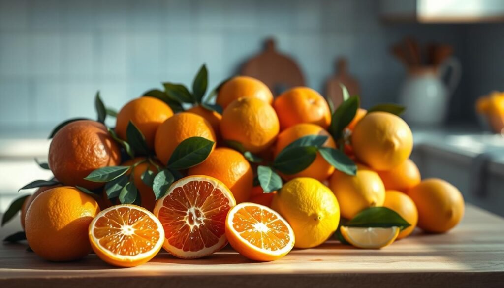 A bountiful arrangement of fresh citrus fruits, including vibrant oranges, tangy grapefruits, and zesty lemons, artfully displayed on a wooden surface. The warm, natural lighting casts a gentle glow, highlighting the glossy, textured skins and casting soft shadows. The clean, minimal kitchen backdrop with light blue accents provides a calming, inviting atmosphere, allowing the vibrant colors of the citrus to take center stage. The composition is balanced and visually appealing, capturing the essence of a seasonal, flavorful breakfast.