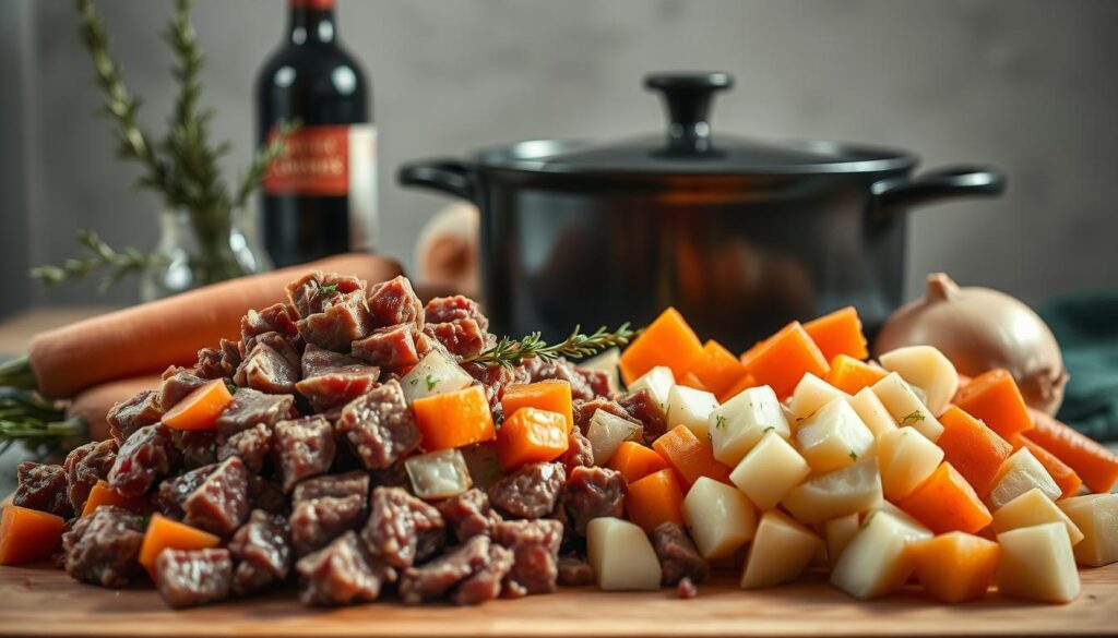A bountiful arrangement of fresh, high-quality ingredients for a homemade beef stew. In the foreground, a medley of diced beef, carrots, onions, and potatoes spill out onto a wooden cutting board. Behind them, sprigs of thyme, bay leaves, and a bottle of robust red wine stand ready to impart deep, complex flavors. In the middle ground, a heavy-bottomed cast iron pot waits to simmer the stew, its surface gleaming under the warm, indirect lighting of the cozy, minimal kitchen. The overall mood is one of rustic, comforting preparation, inviting the viewer to imagine the rich, fragrant stew that will emerge from this carefully curated selection of ingredients.