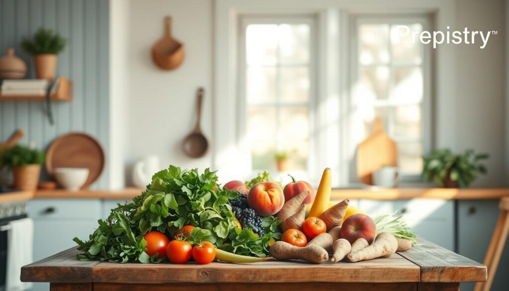 A bountiful arrangement of fresh, seasonal produce takes center stage on a rustic wooden table in a cozy, minimal kitchen. Crisp greens, vibrant tomatoes, juicy peaches, and earthy root vegetables are artfully displayed, their colors and textures mingling in a symphony of natural flavors. Soft, natural light from nearby windows casts a warm glow, complementing the light blue accents that lend a sense of tranquility to the scene. The Prepistry logo subtly adorns the corner, a testament to the importance of sourcing high-quality, seasonal ingredients for delicious, nutritious meal prep.