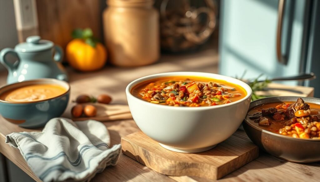 A bountiful arrangement of hearty soups and stews, artfully presented in a cozy, minimal kitchen with wooden textures and light blue accents. A steaming bowl of rich, vegetable-laden lentil soup takes center stage, complemented by a creamy butternut squash bisque and a robust beef and barley stew. The warm, inviting scene is illuminated by soft, natural lighting, capturing the nourishing essence of this carefully curated meal prep spread.