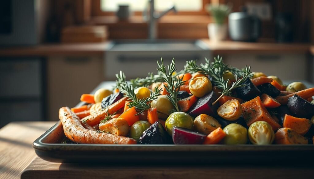 A bountiful arrangement of herb-infused roasted vegetables, meticulously arranged on a rustic sheet pan, bathed in the warm glow of a cozy kitchen. Vibrant carrots, tender Brussels sprouts, and earthy beets mingle with fragrant sprigs of rosemary, thyme, and oregano, their aromas wafting through the air. The vegetables are lightly charred, their edges caramelized, hinting at the deep, complex flavors within. Soft natural light filters in through the windows, casting a gentle, inviting ambiance over the scene. The minimal, wood-accented kitchen provides a simple, uncluttered backdrop, allowing the star ingredients to shine.