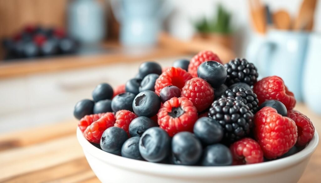 A bountiful arrangement of juicy, low-sugar berries - plump blueberries, succulent raspberries, and tart blackberries - nestled in a simple white ceramic bowl, set against a backdrop of warm wooden textures and light blue accents in a cozy, minimal kitchen environment. Soft, natural lighting casts a gentle glow, highlighting the vibrant colors and delicate forms of the berries. The scene exudes a sense of rustic simplicity and wholesome nourishment, inviting the viewer to savor the sweet, low-sugar goodness of this seasonal fruit.