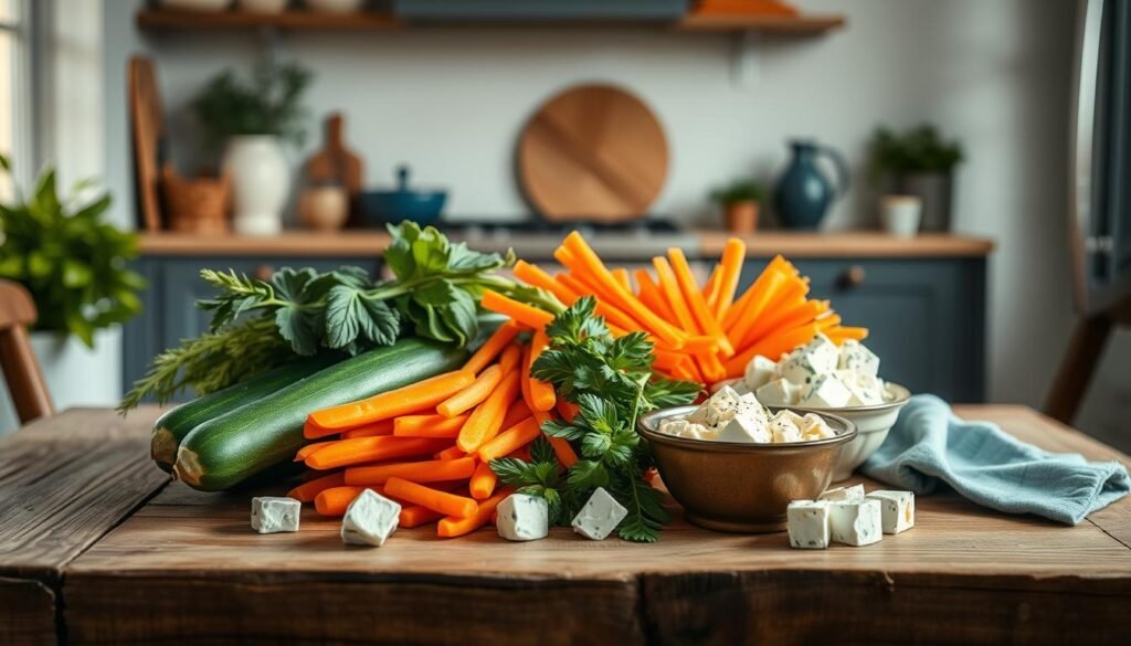 A bountiful arrangement of no-cook meal prep ingredients on a rustic wooden table in a cozy, minimalist kitchen. Fresh zucchini spears, crisp carrot sticks, creamy hummus, and tangy feta cubes, bathed in soft, natural lighting. Subtle blue-gray accents complement the earthy tones, creating a serene, inviting atmosphere. The ingredients stand out, begging to be enjoyed as a delightful, nourishing cold lunch.