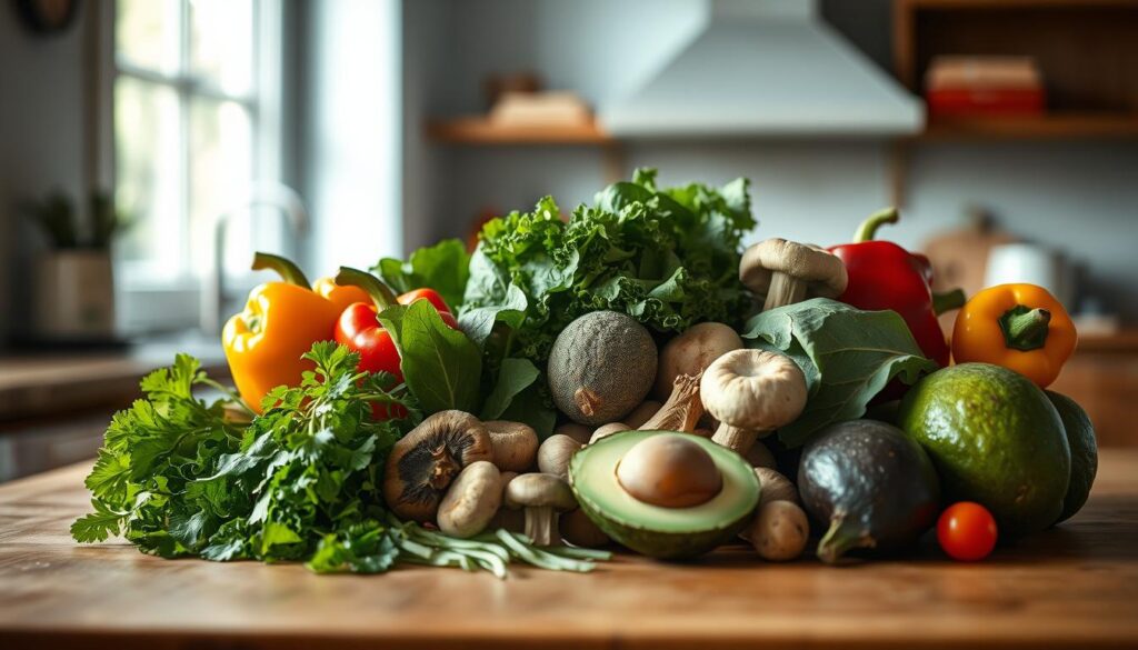A bountiful arrangement of nutrient-rich ingredients atop a wooden table in a cozy, minimal kitchen. Vibrant leafy greens, colorful bell peppers, earthy mushrooms, and creamy avocados are thoughtfully displayed, illuminated by soft, diffused lighting that accentuates their natural textures and hues. Hints of light blue accent the background, creating a calming, inviting atmosphere. The scene evokes a sense of nourishment and culinary inspiration, perfectly capturing the essence of 