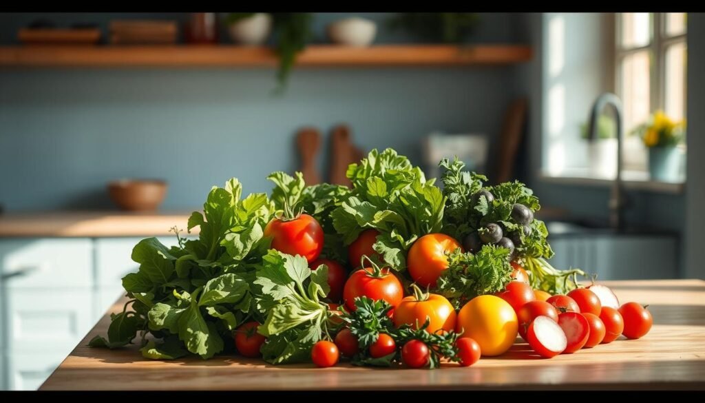 A bountiful arrangement of spring and summer produce resting on a wooden kitchen counter, bathed in soft, natural light streaming through a nearby window. Vibrant greens, juicy tomatoes, crisp radishes, and fragrant herbs create a visually stunning display. The scene exudes a sense of freshness and abundance, capturing the essence of seasonal cooking. A minimalist, light blue-accented kitchen provides a clean, uncluttered backdrop, allowing the vibrant colors and textures of the produce to take center stage.