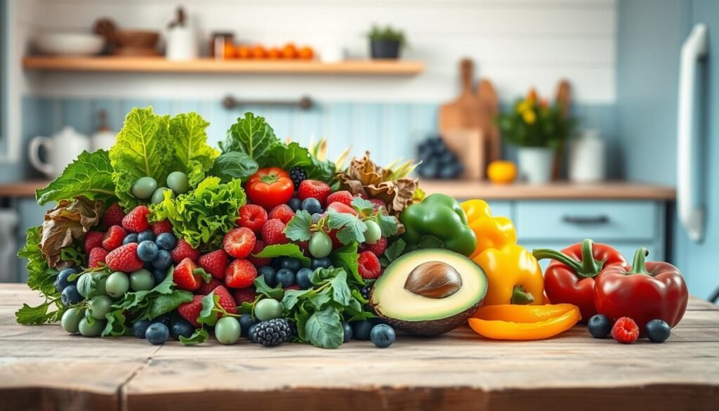 A bountiful arrangement of vibrant anti-inflammatory superfoods takes center stage on a rustic wooden table in a cozy, minimalist kitchen with light blue accents. Crisp leafy greens, juicy berries, creamy avocado, and colorful bell peppers create a visually appealing display against the natural wooden textures. Soft, diffused lighting illuminates the scene, evoking a sense of wellness and nourishment. The composition captures the essence of an anti-inflammatory meal prep, inviting the viewer to imagine the delicious and healthy culinary possibilities.